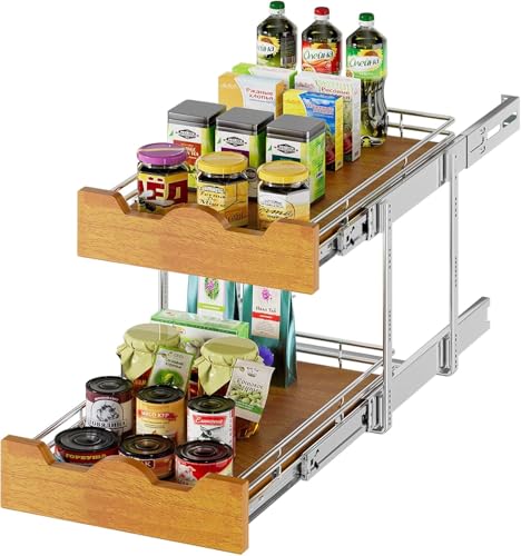 DINDON 2 Tier Pull Out Cabinet Organizer (14" W x 21" D) Slide Out Wood Shelf Double Tier Kitchen Wire Basket with Chrome Finish… - size: 14'' W X 21'' D
