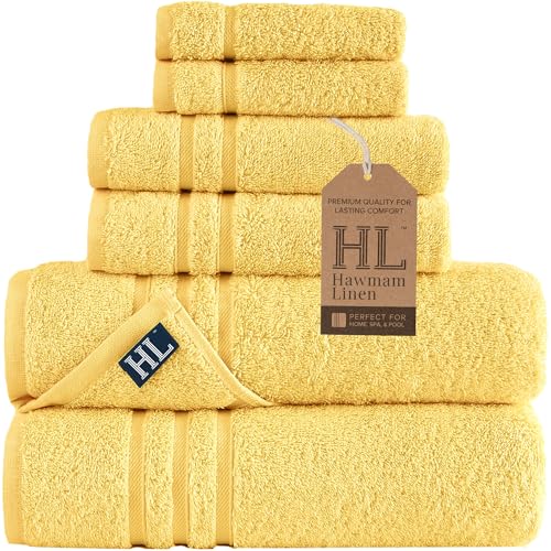Hawmam Linen Yellow 6 Piece Bath Towels Set for Bathroom Original Turkish Cotton Soft, Absorbent and Premium 2 Bath Towels, 2 Hand Towels, 2 Washcloths - color: Yellow, size: 6 Piece Towel Set (2 Bath, 2 Hand, 2 Wash)