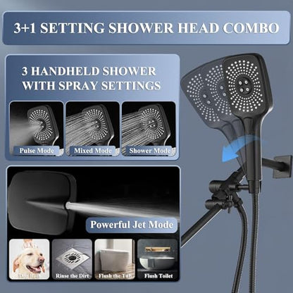 High Pressure Rain Shower Head with Handheld Spray Combo, 12 Inch Rainfall Shower Heads with Adjustable Extention Arm, Wide Dual Waterfall Showerhead with 3-Way Diverter(Matte Black) - color: Black, size: 12 Inch