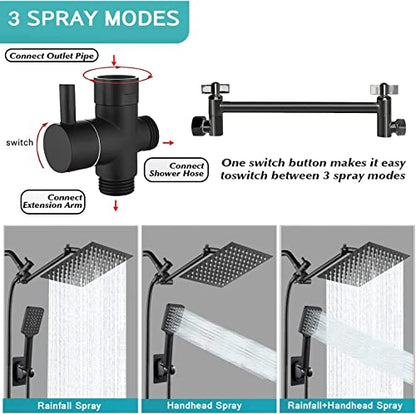 Shower Head Combo,8 Inch High Pressure Rain Shower Head with 9 Inch Adjustable Extension Arm and 3 Settings Handheld,Powerful Shower Spray Against Low Pressure Water with Long 78 Inch Hose(Black) - color: Black, size: 8'' Showerhead Set