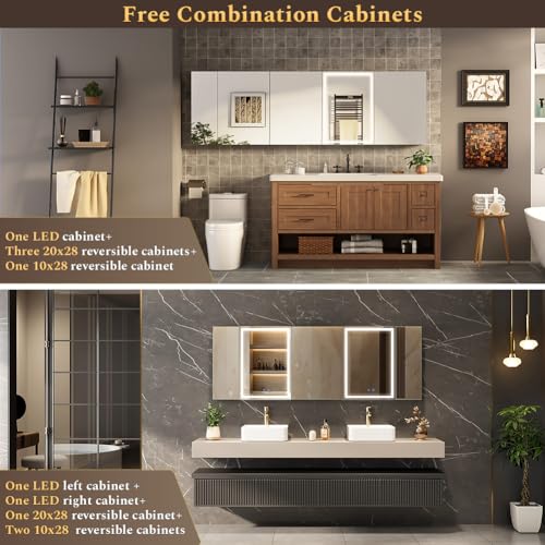 Spliceable Modular Bathroom Medicine Cabinet with Soft Close Doors with Glass on Both Sides, Reversible Wall Mounted Mirror (28" L x 10" W) - color: 10"×28" Reversible Cabinet
