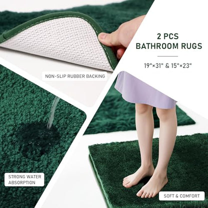 XLHOMO Bathroom Sets with Shower Curtain and Rugs Bathroom Accessories Set Hunter Green Bathroom Set,Soap Dispenser & Toilet Brush Holder Set with Stainless Steel Trash Can - size: Hunter Green, style: Bath Set+Shower Curtain+Bath Rugs