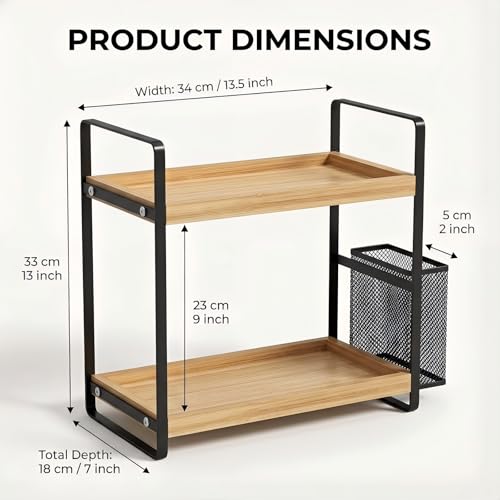 2-Tier Wood Bathroom Counter Organizer with Basket,Waterproof Vanity Perfume Skincare Storage for Bathroom, Kitchen, Dresser - color: Light Brown