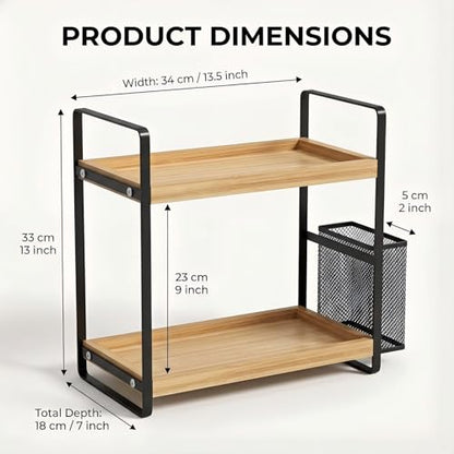 2-Tier Wood Bathroom Counter Organizer with Basket,Waterproof Vanity Perfume Skincare Storage for Bathroom, Kitchen, Dresser - color: Light Brown