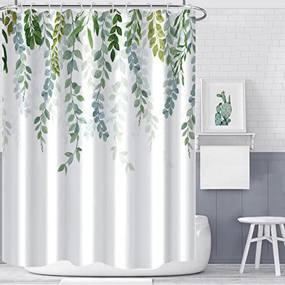 AWERT Plant Shower Curtain for Bathroom Sage Green Eucalyptus Waterproof Quick-Drying Green Leaves Shower Curtain Set with Hooks 60x72 Inch - color: Green, size: 60"W x 72"L (Pack of 1)