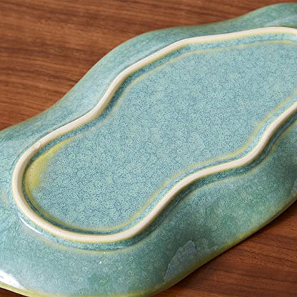 11" Green Ceramic Leaf Decorative Tray, Reactive Glaze Stoneware | Decorative Bowl, Handcrafted, Leaf-Shaped, For Entryway Table, Room Décor