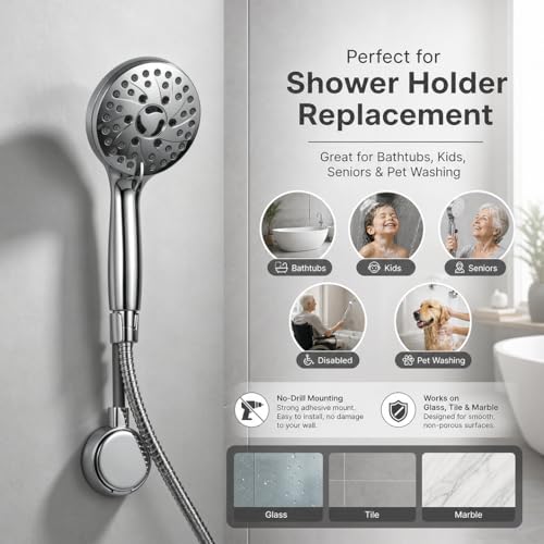 Suction Cup Handheld Shower Head Holder - 360 Swivel Adjustable Metal Neck - Wall Mounted Shower Wand Holder ，Chrome