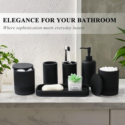 LIN CHUAN 6-Piece Bathroom Accessories Set, Modern Bathroom, Black | Includes soap dispenser, toothbrush holder, vanity tray, tumbler, and 2 cotton swab jars for bathroom organization set. - color: Black