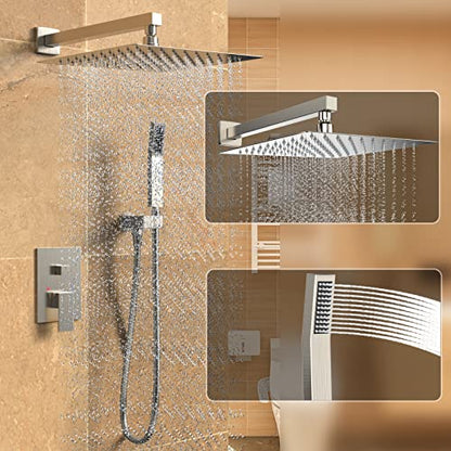 Brushed Nickel Rain Shower System Faucet Set with Handheld, 12 inch | Solid Metal Wall Mount Rainfall Shower Set with Safe Anti-Scald Valve, Air Injection High Pressure Water Saving Combo - color: Brushed Nickel, style: 12in without Tub spout
