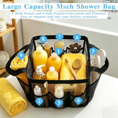 Mesh Shower Caddy, Portable Black Beach Tote Bag for Bathroom Dorm Essentials, Quick Dry Toiletry Organizer Large with 2 Handles 9 Pockets for Swim Pool Gym College Camp Travel Women Men Basket Bag