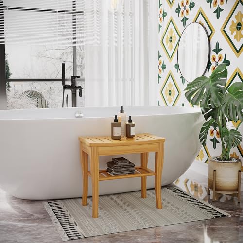 Long Bamboo Shower Bench Seat, 20" Wooden Shower Stool with Underneath Storage Shelf Shoe Organizer