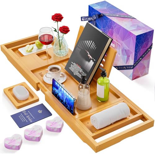 Original Wood Color Foldable Bamboo Bathtub Caddy, Bathtub Tray | Can Place Wine Glasses, Books, Mobile Phones Multifunctional Bath Tub , Suitable for Gifts in Various Festivals - color: Bamboo-gift 9