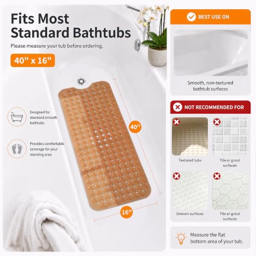Yimobra Non Slip Bathtub Mat 40 x 16 Inch, Extra Long Shower Mat with Drain Holes, Machine Washable Baby Bath Mats, Strong Suction Cups for Bathroom Floor, Clear Brown - color: Clear Brown