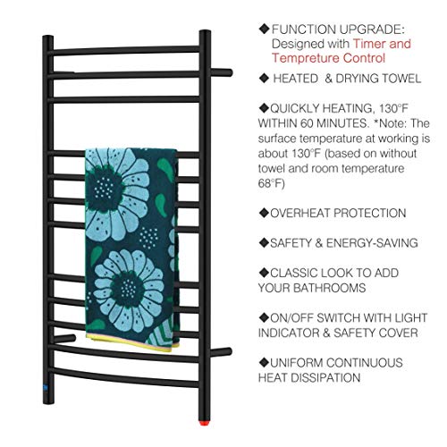 HEATGENE Towel Warmer with Timer, Electric Towel Warmer with Temperature Control, Wall-Mounted Large 12 Bars Towel Racks with Built-in Timer, Plug-in/Hardwired Electric Towel Rails - Matte Black