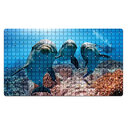 Bath Tub Mat Non Slip Shower Mat Three Dolphins Swiming in The Sea Extra Long Bathtub Mat 26.8x15 inches Bathroom Bath Mat with Suction Cups Drain Holes Machine Washable - color: Three Dolphins Swiming in the Sea
