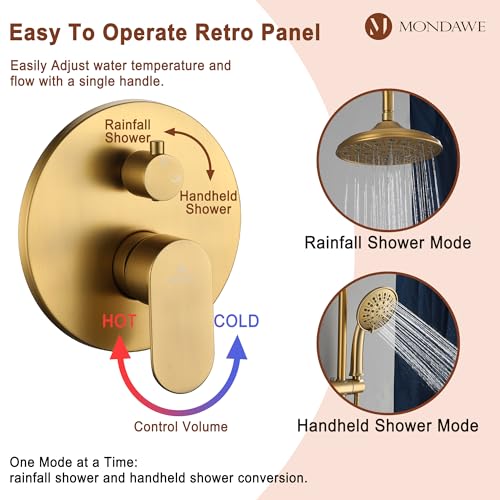 MONDAWE 8 Inch Wall Mounted Shower Faucet Set in Brushed Gold, Rainfall Shower Head with 3-Setting Handheld Spray Shower Set Combo, High Pressure Shower System with Solid Brass Valve - color: Brushed Gold, style: 8 IN - Without Tub Spout