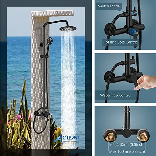 Aolemi Outdoor Shower Kit SUS304 with Round Handheld Matte Black | 2 Function,8 Inch Head,Round Handheld Spray,Adjustable Height,Outside Exposed Shower Fixture,Single Handle,Wall Mount - color: Black