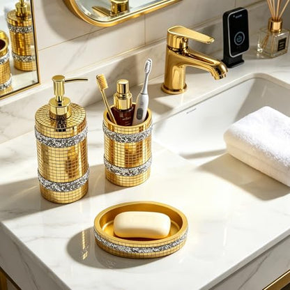 Gold Bathroom Accessories Set, Mosaic Decoration 4-piece Set | Deluxe gold mosaic bathroom 4-piece set,including soap dispenser,soap tray,toothbrush cup,partitioned toothbrush holder - size: 4 Pc Set