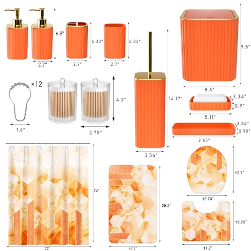 XLHOMO Bathroom Set - 26PC Bathroom Set with Shower Curtain and Rugs, Bathroom Accessory Set, Orange Bathroom Accessories Set, Trash Can & Soap Dispenser - style: Orange&Gold