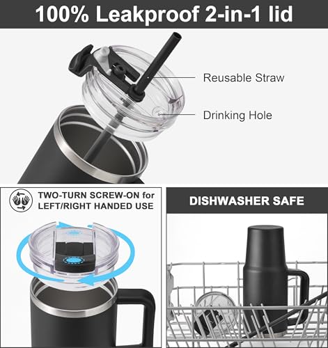 SUNWILL 20 oz Tumbler with Handle and Straw Leak Proof,Travel Coffee Mug with Lid, Stainless Steel Cup Insulated for Office & Gym, Cupholder Friendly, Powder Coated Black - color: Powder Coated Black, size: 20 Ounces