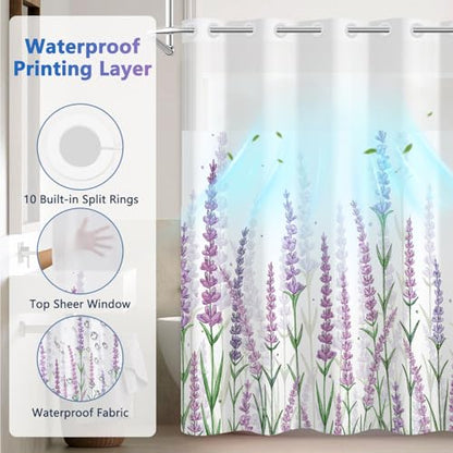 Lavender Shower Curtains for Bathroom, No Hook Floral Shower Curtain with Snap in Liner and Sheer Top Window, 71x74 Inches Shower Curtains Set, Farmhouse Waterproof Shower Curtains with Weighted Hem - color: Lavender