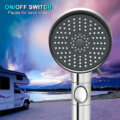 RV Shower Head with Hose, High Pressure 5 Mode Shower head Replacement, Showerheads for RV/Campers, Travel Trailer, Motorhome for Water Saving, Handheld Shower Head Holder and Hose, On Off Switch - color: Premium Chrome