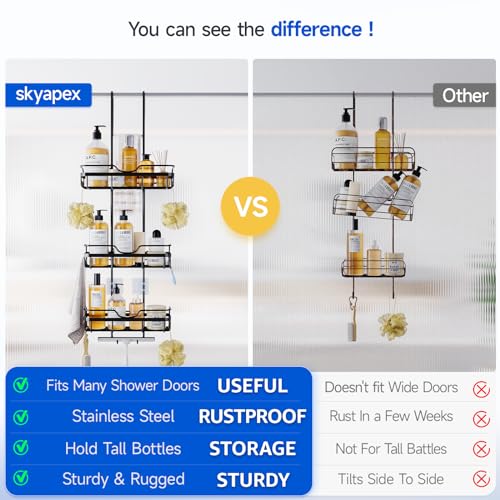 Skyapex Shower Caddy Over the Door Organizer: Bath Rack Hanging Over Glass with Hooks - Storage Shelf Inside Bathroom for Shampoo - Matte Black