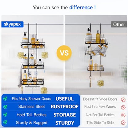 Skyapex Shower Caddy Over the Door Organizer: Bath Rack Hanging Over Glass with Hooks - Storage Shelf Inside Bathroom for Shampoo - Matte Black