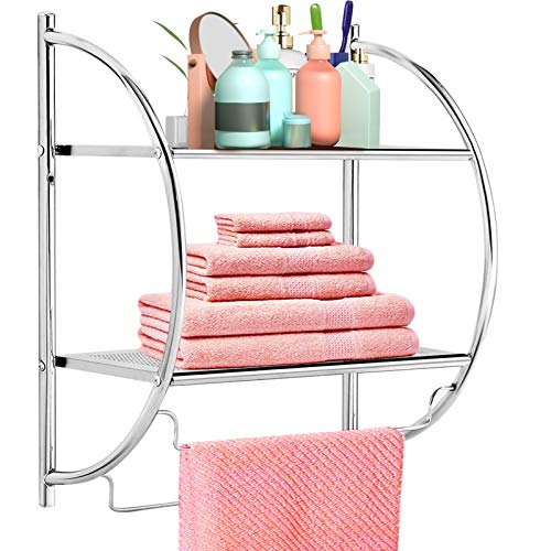 Wall Mounted Bathroom Shelf with Towel Bars,2 Tier Towel Rack, Rustproof Chrome Wall Storage Shelves for Home Bathroom Toilet