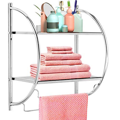 Wall Mounted Bathroom Shelf with Towel Bars,2 Tier Towel Rack, Rustproof Chrome Wall Storage Shelves for Home Bathroom Toilet