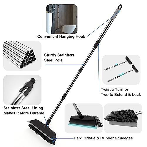 Heavy Duty Floor Scrub Brush with Long Handle, Adjustable Stainless Steel Handle, Stiff Bristles & Rubber Squeegee Scraper, Concrete Floor Scrubber for Cleaning Floor Concrete Deck Hardwood Patio Tile - style: Black+Grey