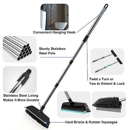 Heavy Duty Floor Scrub Brush with Long Handle, Adjustable Stainless Steel Handle, Stiff Bristles & Rubber Squeegee Scraper, Concrete Floor Scrubber for Cleaning Floor Concrete Deck Hardwood Patio Tile - style: Black+Grey