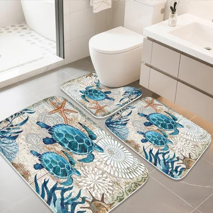 Nautical Sea Turtles Blue Ocean Beach Bathroom Rugs and Mats Sets 3 Piece, Memory Foam Bath Mat, U-Shaped Contour Shower Mat Non Slip Absorbent, Velvet Washable 20 x 31 inch - color: Color1