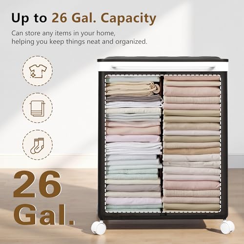 VECELO Rolling Laundry Hamper with Wheels and Lid, Foldable Plastic Laundry Basket with Handle, Rolling Divided Laundry Cart for Small Spaces, Laundry, Bathroom, Bedroom, Black - color: Black