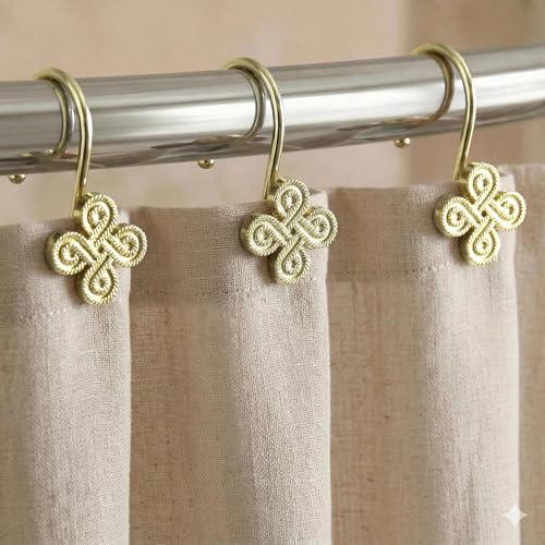 Brass Gold Shower Curtain Hooks: Rust Proof Metal Curtain Rings, 12Pcs | Stylish Clover Knot Decorative Shower Hooks, Elegant Flower Hanging Hangers for Shower Rod, Gift for Modern Bathroom Decor - color: Gold