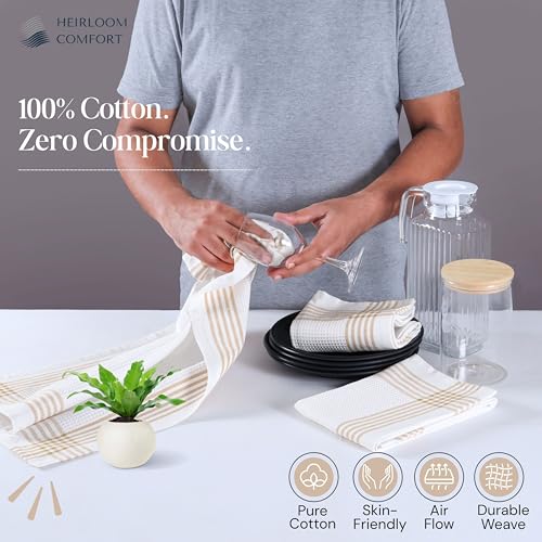 Beige and White Waffle Kitchen Towels 3 Pack, 100% Cotton, 16x26 Inch, Ultra Absorbent, Fast Dry Dish Towels, Reusable Dishcloths for Drying, Cleaning, Kitchen Use - color: Beige, White, style: 3 Pack