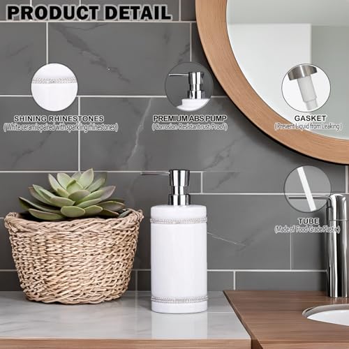 17 OZ Hand Liquid&Lotion Soap Dispenser Pump Bottle Ceramic White for Kitchen Bathroom Countertop Laundry Room Holds Dish Soap Shampoo Laundry Liquid Shower Gel (Inlaid Rhinestone) (White) - color: White