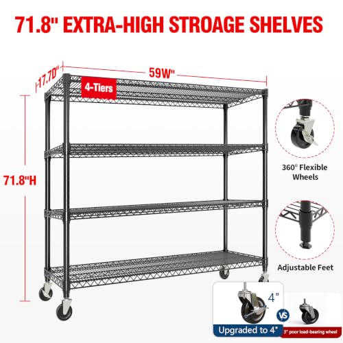 Garvee 71.8"H Metal Shelving with Wheels, 4-Tier Storage Shelves Heavy Duty | 2560LBS, Adjustable Wire Shelving Units, Rolling Steel Shelves for Garage Kitchen Industrial Pantry, 59" Wx17.7"D, Black - size: 59" Wx71.8 H
