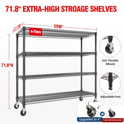 Garvee 71.8"H Metal Shelving with Wheels, 4-Tier Storage Shelves Heavy Duty | 2560LBS, Adjustable Wire Shelving Units, Rolling Steel Shelves for Garage Kitchen Industrial Pantry, 59" Wx17.7"D, Black - size: 59" Wx71.8 H