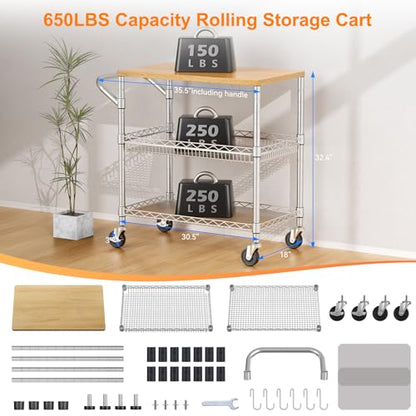 NTE Rolling Kitchen Carts on Wheels, 650Lbs Capacity 3 Tier Utility Cart with Wood Tabletop, Kitchen Storage Cart with 8 Hooks, Metal Serving Cart with Handle and Shelf Liners for Kitchen, Restaurant - color: Wood-silver