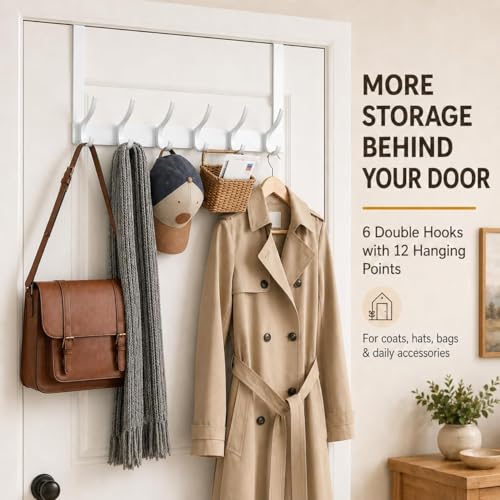 Peasulin 2 Pack Over The Door Hooks, Sturdy Door Hanger, Large Over The Door Towel Rack with 12 Hooks, Heavy Duty Easy to Install, for Bathroom, Bedroom，Kitchen，Hanging Towels, Coats (White) | for 1-3/4" Doors, 7.4" Arms, 6 Double Hooks with 12 Hanging Po
