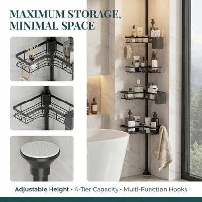 Tension Pole Shower Caddy, 4-Tier Corner Organizer with Hooks & Side Boxes, Thickened Carbon Steel No-Drill Standing Bathroom Storage for Tub & Shower