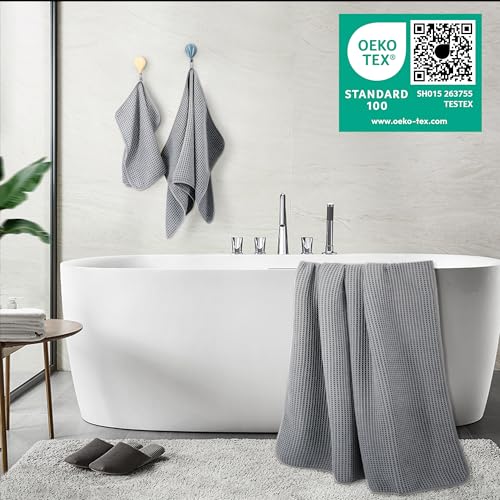 POLYTE 430 GSM Poly Blend Microfiber Quick Dry Waffle Bath Towel Set of 6 | 2-Body Towels, 2-Hand Towels, 2-Wash cloths, Oversize, Lint Free - color: Gray