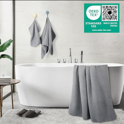 POLYTE 430 GSM Poly Blend Microfiber Quick Dry Waffle Bath Towel Set of 6 | 2-Body Towels, 2-Hand Towels, 2-Wash cloths, Oversize, Lint Free - color: Gray