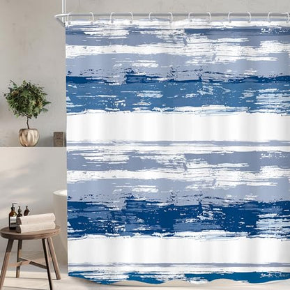 Abstract Navy Blue Modern Gray Striped Neutral Bathroom Shower Curtain Set | 60Wx72H Geometric Watercolor design, waterproof HD print with fast-drying fabric and 12 hooks. - color: B1-navy Blue, size: 60"W x 72"L (Pack of 12)