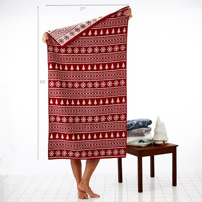 SKL Home Christmas/Winter Fair Isle Bath Towel, 100% Cotton Jacquard, Red | 500 GSM. Soft & absorbent terry with reversible pattern. Great for holiday gifting. - color: Fair Isle, style: Bath Towel