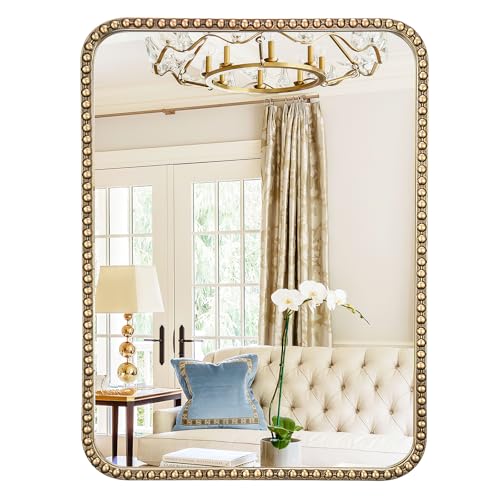24"x36" Champagne Bronze Mirror Bathroom, Beaded Vanity Mirror | Mount Vertically or Horizontally, Shatterproof Safety, HD, Brass Vanity Mirror for Bedroom Entryway Living Room Fireplace - size: 36"L x 24"W