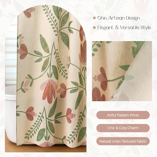 Pink Tulip Floral Linen Shower Curtain Set with Liner,72" Wx72 L | Double Layer Shower Curtain Waterproof Fabric with Zippered Removable PEVA Liner,Boho Shower Curtain for Bathroom,Free Hooks - color: Pink Tulip
