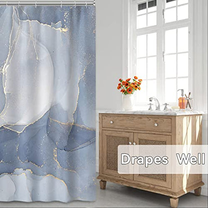 AWERT Small Half Size Stall Shower Curtain with 6 Hooks Shower Stall Curtain 36 x 72 Light Blue Marble Gold 36 inch Shower Curtain for Bathroom/RV and Camper (Blue Marble) - color: Blue Marble, size: 36"W x 72"L (Pack of 1)