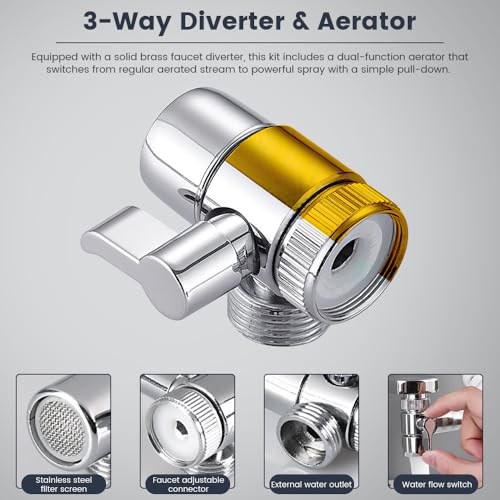 Sink Faucet Sprayer Attachment, Universal 5-Adapter Kit with On/Off Switch and 3 Spray Modes, Retractable Hose Sprayer for Kitchen Sink, Pet Washing, and Bathroom Cleaning